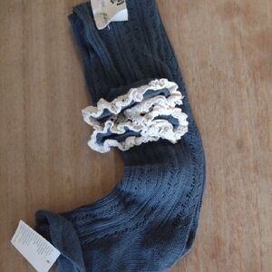 Free People Navy Knit Leg Warmers with Cream Lace